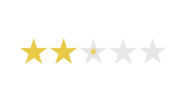 Κινούμενο πέντε αστέρων βαθμολογία σε λευκό φόντο. 5 αστέρων για την αξιολόγηση της ποιότητας του προϊόντος ή της υπηρεσίας σας. Γραφική κίνηση — Αρχείο Βίντεο