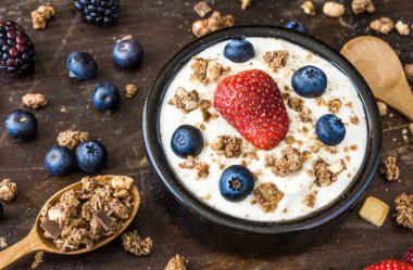 Ahududu, yaban mersini ve müsli ile yoğurt