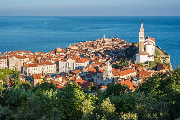 Sunlit Old Town de Piran en la mañana . — Foto de Stock