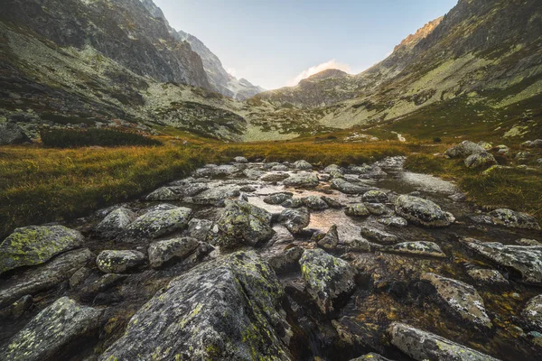 Creek i dalen under de bergstoppar i solnedgången — Stockfoto