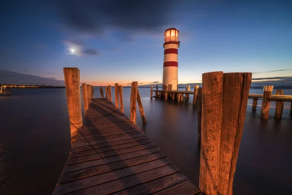 Leuchtturm Neusiedler See Podersdorf Österreich Bei Nacht — Stockfoto