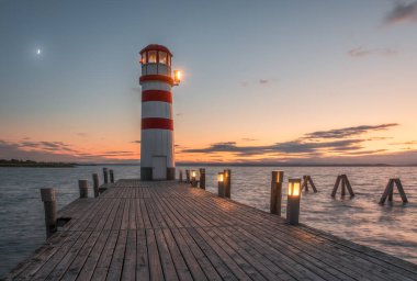 Neusiedl Gölü 'ndeki deniz feneri, Avusturya, Gece