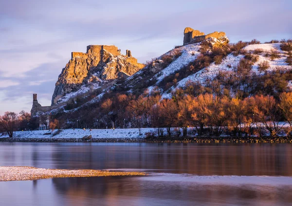 Snow Covered Devin Castle Ruins Danube River Bratislava Slovakia Sunrise — Stock Photo, Image