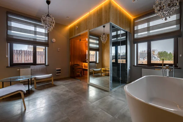Luxury bathroom with white bathroom, glass shower, sauna. The combination of marble and wood in interior design — Stock Photo, Image