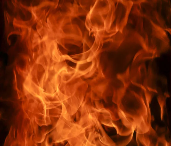 Close Hot Fire Flame Burning Glowing Black Dark Background Fire — Stock Photo, Image