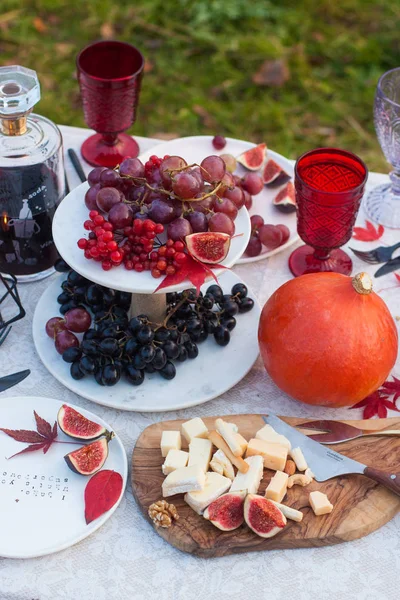 Autumn harvest snack board. Cheese, nuts, pomegranate, pumpkin, sliced figs, red and black grape, berries and glasses of wine on picnic decorated table.