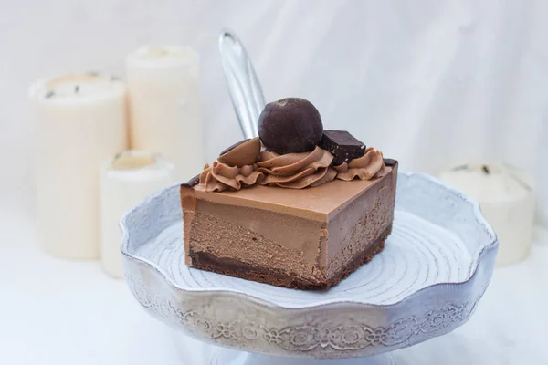 Pedazo Pastel Queso Chocolate Con Glaseado Queso Crema Chocolate Pasteles — Foto de Stock