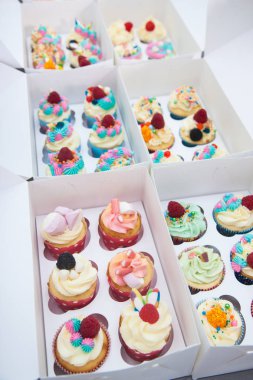 Mavi, pembe ve turuncu kremalı çeşitli renkli kekler, ahududu, şekerleme ve şekerle süslenmiş.. 