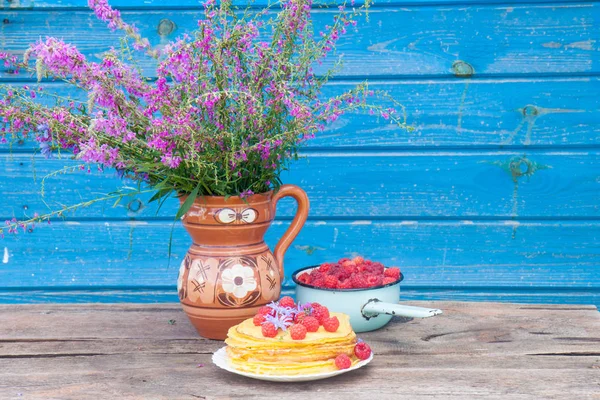 Pancakes Fresh Raspberries Old Enamel Mug Berries Violet Field Flowers — Stock Photo, Image