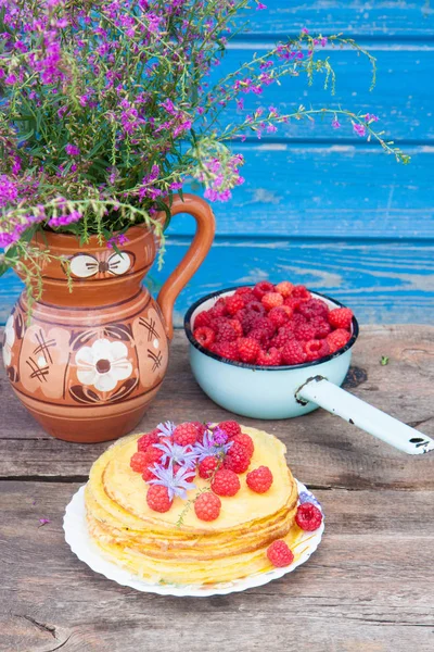 Pancakes Fresh Raspberries Old Enamel Mug Berries Violet Field Flowers — Stock Photo, Image