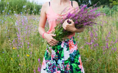 Young woman in the field holding a bunch with wild lilac, purple and vilet flowers. 