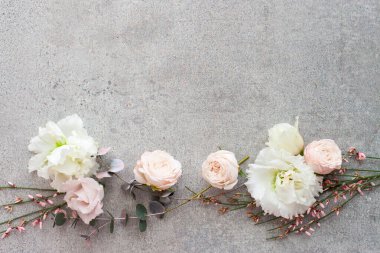 Gri taş zemin üzerinde yumuşak bahar çiçekleri, boşluğu kopyala.