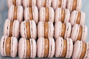 Parlak çikolata dolgulu Fransız kurabiyelerine yakından bak. Seçici odaklanma. Gri arkaplan.