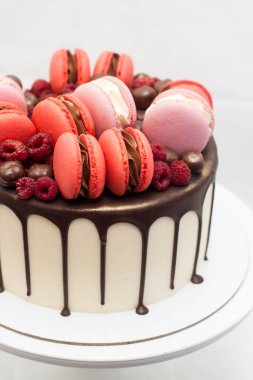 Erimiş çikolatalı kek, kırmızı ve pembe Fransız kurabiyeleri, taze ahududu ve çikolatalı mantarlı beyaz kek. Düz arkaplan