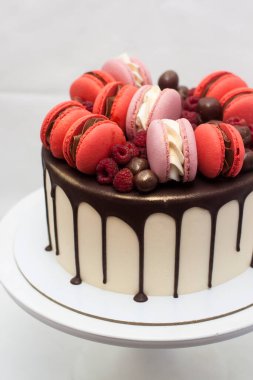 Erimiş çikolatalı kek, kırmızı ve pembe Fransız kurabiyeleri, taze ahududu ve çikolatalı mantarlı beyaz kek. Düz arkaplan