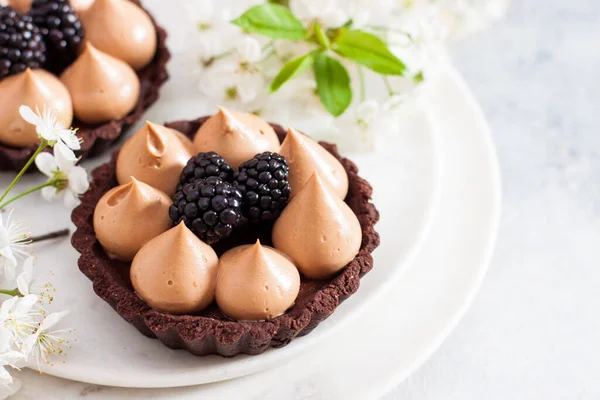 Chocolade Taart Met Gezouten Karamel Vulling Verse Bramen Kersenbloemen Achtergrond — Stockfoto