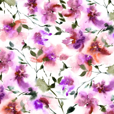 Suluboya mor çiçekler tebrik kartı veya düğün davet için. Çiçek illüstrasyon kart dekor için. 