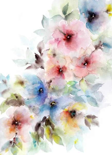 Abstract Beautiful Watercolor Flowers Postcard Floral Illustration Card Decor — Stock Photo, Image