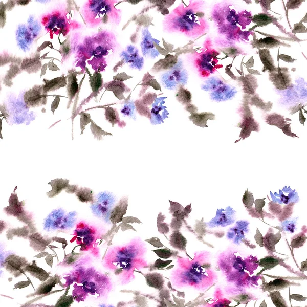 Akwarela Fioletowe Kwiaty Życzeniami Lub Wesele Zaproszenie Ilustracja Kwiat Kwiatowy — Zdjęcie stockowe