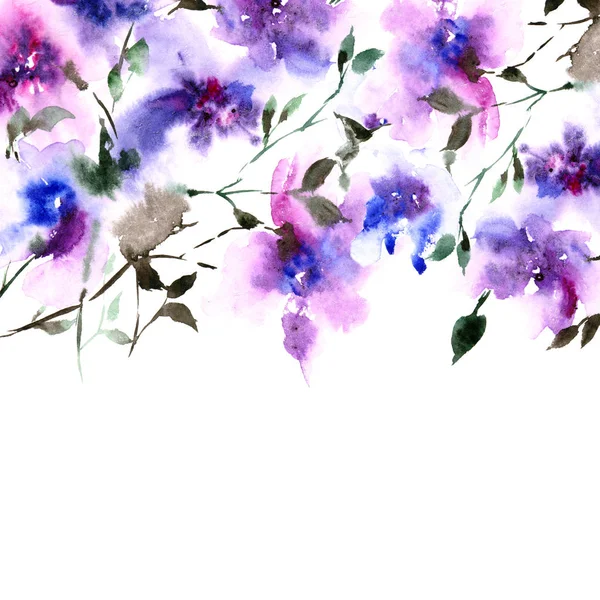 Watercolor Purple flowers for Greeting card or Wedding invitation. Floral illustration for card decor.