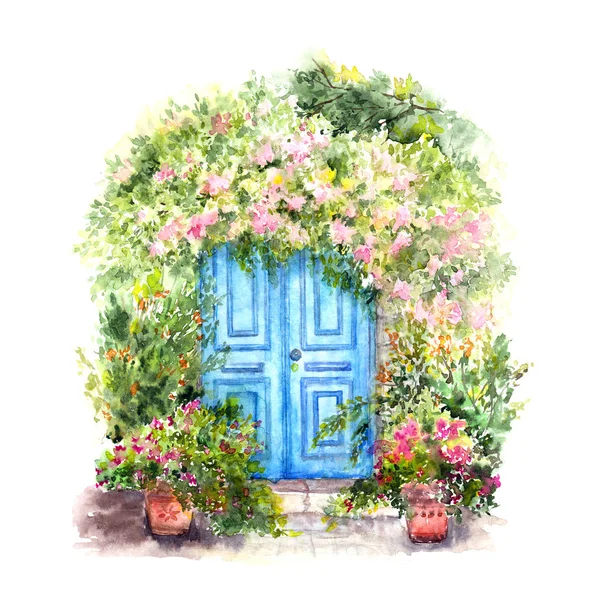 Сині Двері Красивими Акварельними Квітами Листівки Або Запрошення Весілля Квіткова — стокове фото