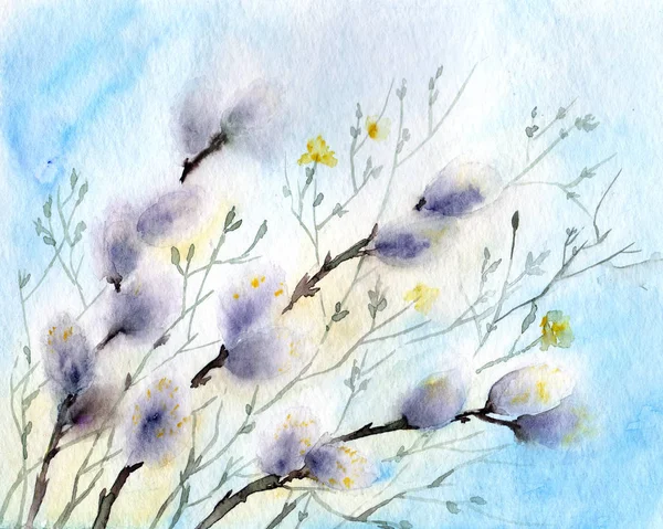 グリーティング カードや招待状の水彩の柳の枝 カードの装飾のための花のイラスト — ストック写真