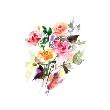 Suluboya gül buketi. Çiçekli tebrik kartı. Çiçek illüstrasyon kart dekor için. Düğün davetiyesi güllü.