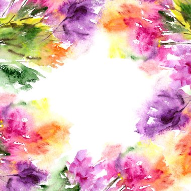 Çerçeve çiçek. Suluboya çiçek arka plan. Soyut çiçek sınır. Tebrik kartı şablonu.
