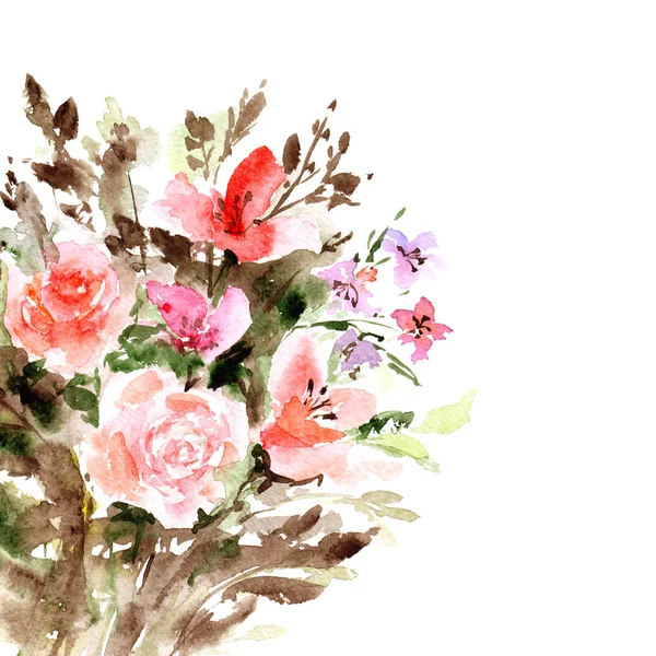 Flores Rosas Aquarela Para Cartão Saudação Ilustração Floral Para Decoração — Fotografia de Stock