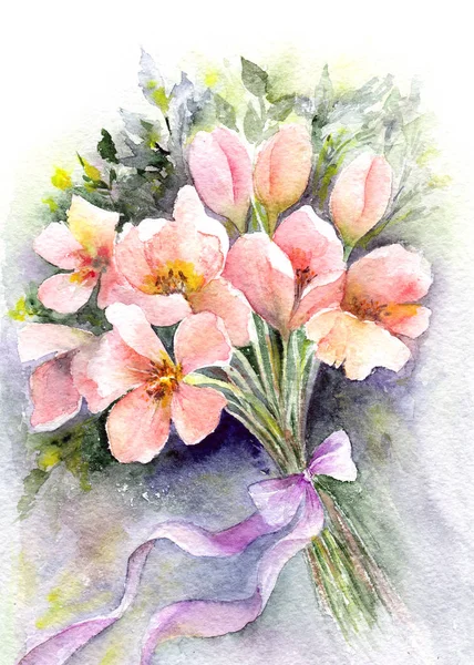 Akwarela Kwiaty Życzeniami Lub Wesele Zaproszenie Ilustracja Kwiat Kwiatowy Wystrój — Zdjęcie stockowe