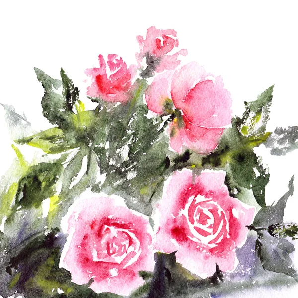 Ramo Rosas Acuarela Tarjeta Felicitación Con Flores Ilustración Floral Para —  Fotos de Stock