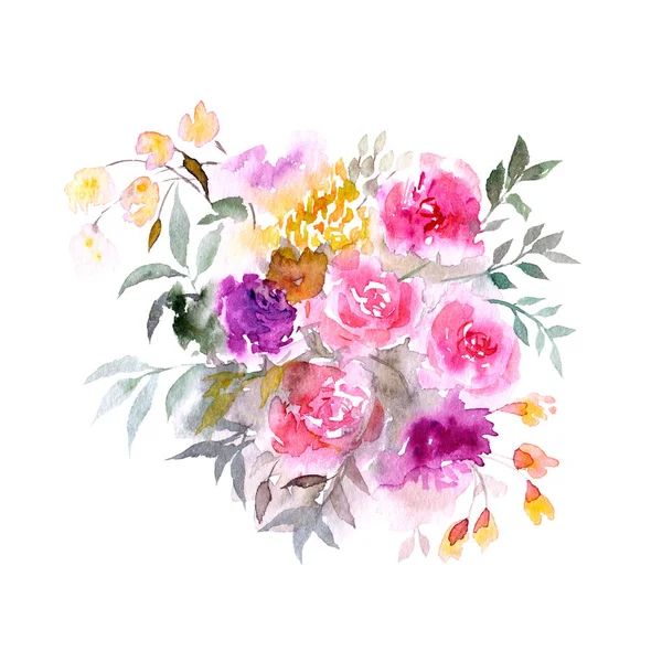 Buquê Rosas Flores Aquarela Fundo Floral Cartão Saudação Wiith Desenho — Fotografia de Stock