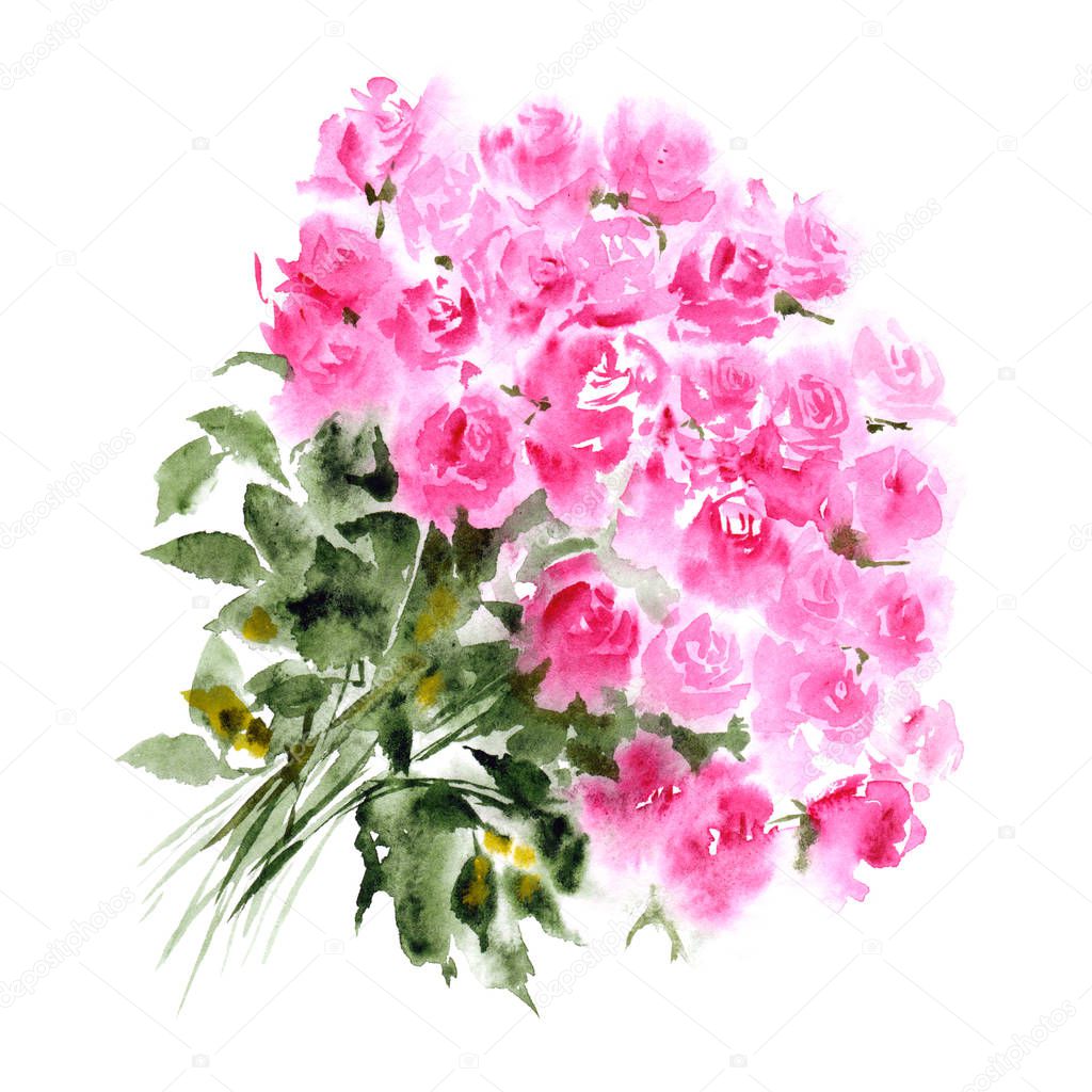 Rose bouquet. Watercolor pink flowers. Greeting card with roses. Wedding invitation tamplate. Floral background.