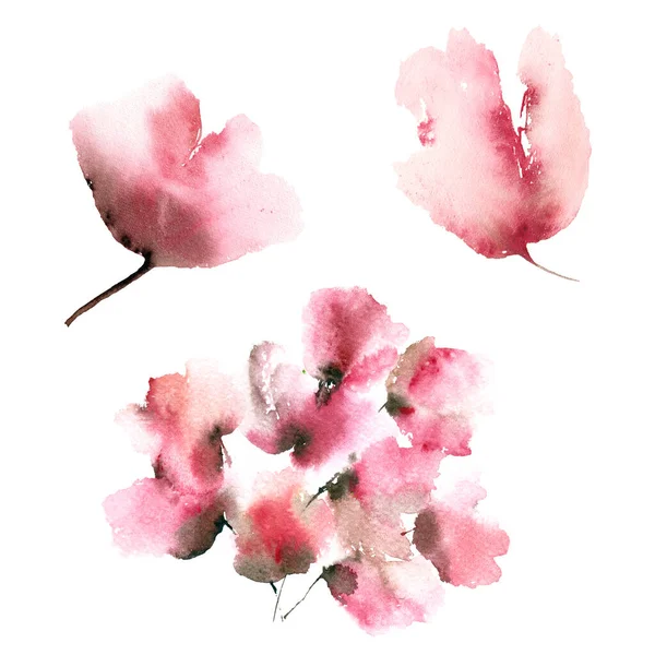 ケシを描く グリーティングカードの装飾のための花セット 赤いケシ 水彩ピンクの花 花飾り ウェディング招待状花のデザイン要素 — ストック写真