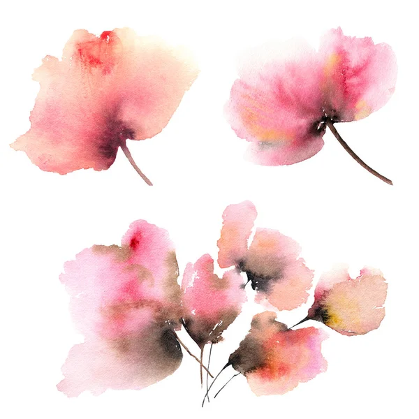 Mohnmalerei Blumenset Für Grußkarten Dekor Rote Mohnblumen Aquarell Rosa Blüten — Stockfoto