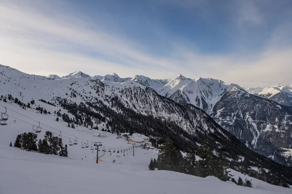 Winter panorama of mountains in Pitztal Hoch Zeiger in Austrian Alps. Ski slopes. Beautiful winter day.