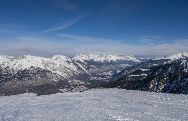 Winter panorama of mountains in Pitztal Hoch Zeiger in Austrian Alps. Ski slopes. Beautiful winter day. Stock Photo