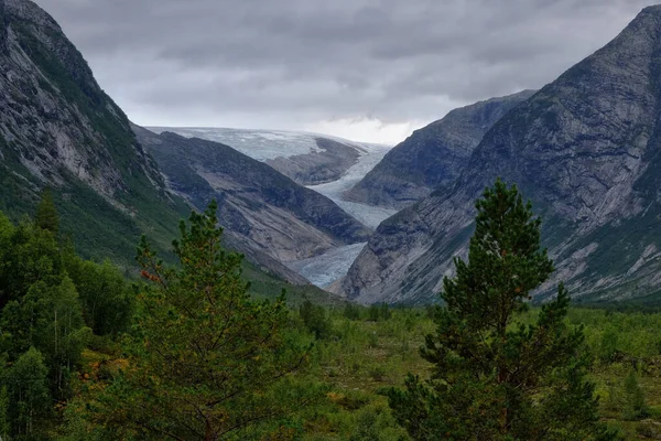 Vista de longe de uma geleira Nigardsbreen, Noruega, Europa, agosto 2018 — Fotografia de Stock