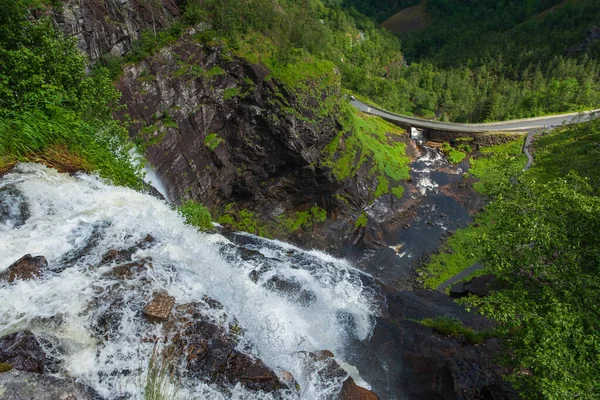 View of the Skjervsfossenfrom the top in summer, seen from the base. Norway. July 2019 — Stock Photo, Image