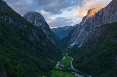 Beautiful view on Naeroydalen Valley and Peaks On Stalheim at sunset, Voss Norway. July 2019