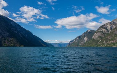 Aurlandsfjord, Norveç 'in en uzun fiyortu olan Sognefjord' un dar, yemyeşil bir dalıdır. Temmuz 2019