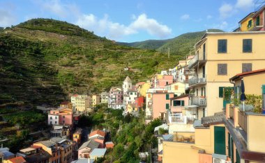 Manarola Köyü, Cinque Terre İtalya kıyılarında renkli evlerde. Güzel bir küçük kasaba içinde il La Spezia, Liguria, İtalya ve beş Cinque terre konumlar biri kuzeyinde Manarola olduğunu.