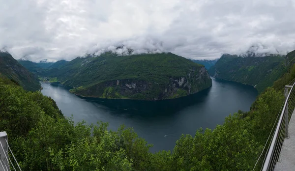 Aerial panorama Geiranger fjord, Beautiful Nature Norway. It is a 15-kilometre 9.3 mi long branch off of the Sunnylvsfjorden, which is a branch off of the Storfjorden Great Fjord . — Stock Photo, Image