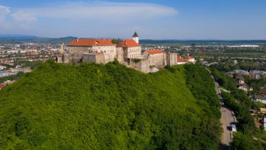 Ukrayna 'nın Transcarpathian bölgesindeki Mukachevo' da mavi gökyüzünün altında kırmızı çatıları olan Palanok Kalesi 'ne manzara. Hava aracı fotoğrafı..