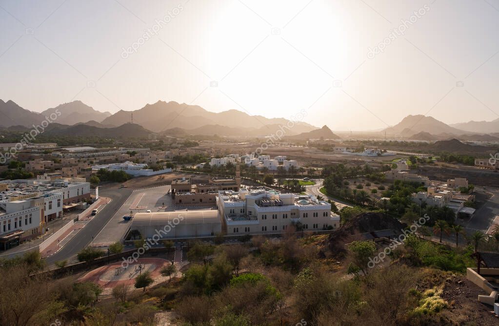 View from the top on town of Hatta and rocks in the background. Hatta is an enclave of Dubai in the Hajar Mountains, United Arab Emirates