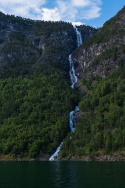 Aurlandsfjord 'un kıyısındaki şelale - unesco askere yazıldı - Norveç' te
