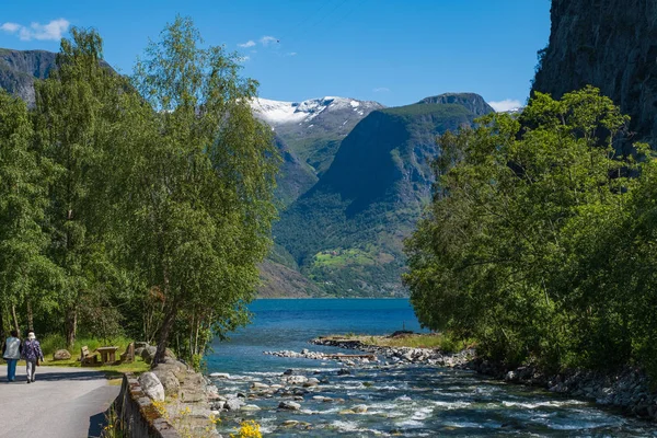 흐린 하늘이있는 운드 레달의 마운틴 리버 (Mountainriver)의 전망, 인근 의 Naerofjord, 구드반겐, 플램. 노르웨이. — 스톡 사진
