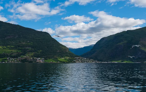 Het dorp Aurlandsvangen aan de kust van de Sogne fjord Aurlands fjord in Noorwegen. juli 2019 — Stockfoto