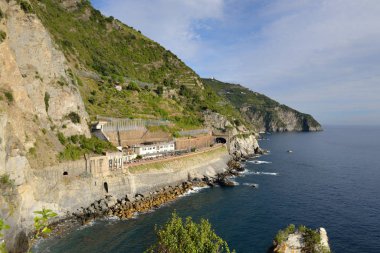 Manarola, Liguria, İtalya balıkçı köyü, güneşli sıcak bir günde renkli evler. Monterosso al Mare, Vernazza, Corniglia, Manarola ve Riomaggiore, Cinque Terre Milli Parkı Unesco Dünya Mirası