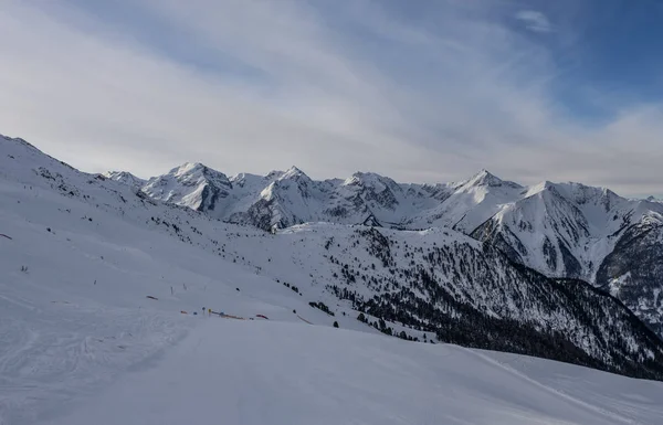 Winter panorama of mountains in Pitztal Hoch Zeiger in Austrian Alps. Ski slopes. Beautiful winter day.